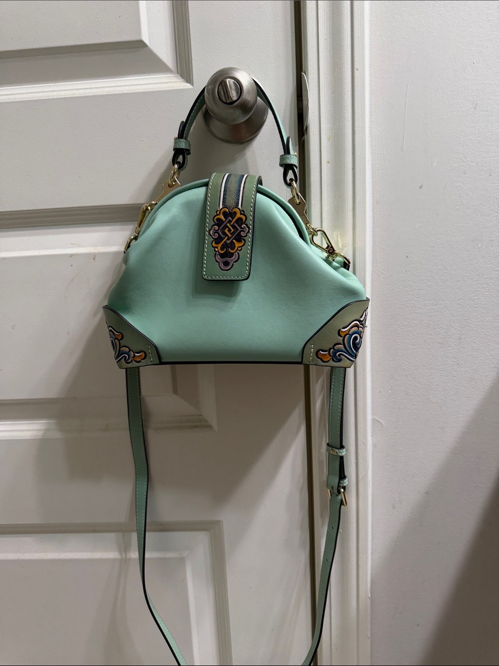 Mint Green Embellished Top-Handle Crossbody Bag